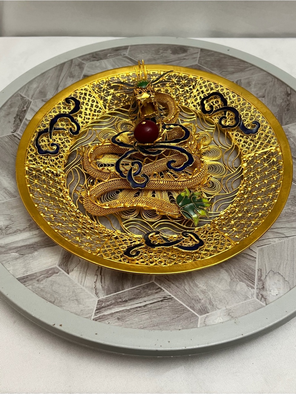 Vintage Chinese Filigree Dragon Plate Gold Gilt Enamel Decorative Wall Art